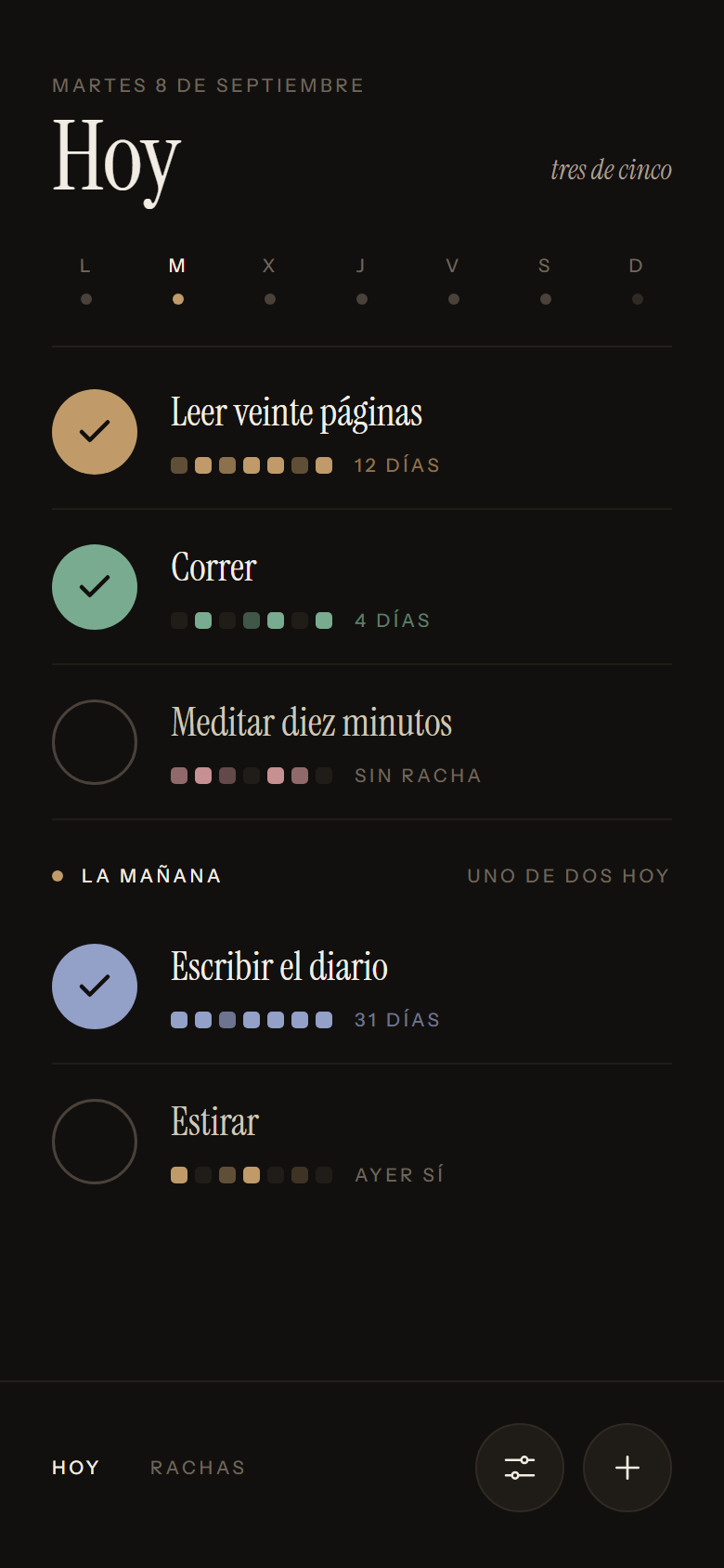 Pantalla de Hoy en Android, con el tema oscuro
