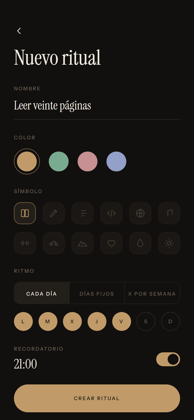 Pantalla de nuevo ritual en Android: nombre, color, sección, símbolo y ritmo
